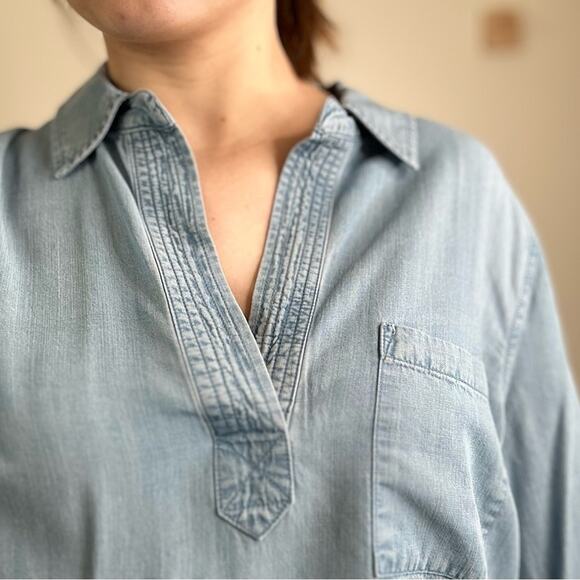 Liverpool Blue Chambray Long Sleeve Collared Blouse - Picture 2 of 9